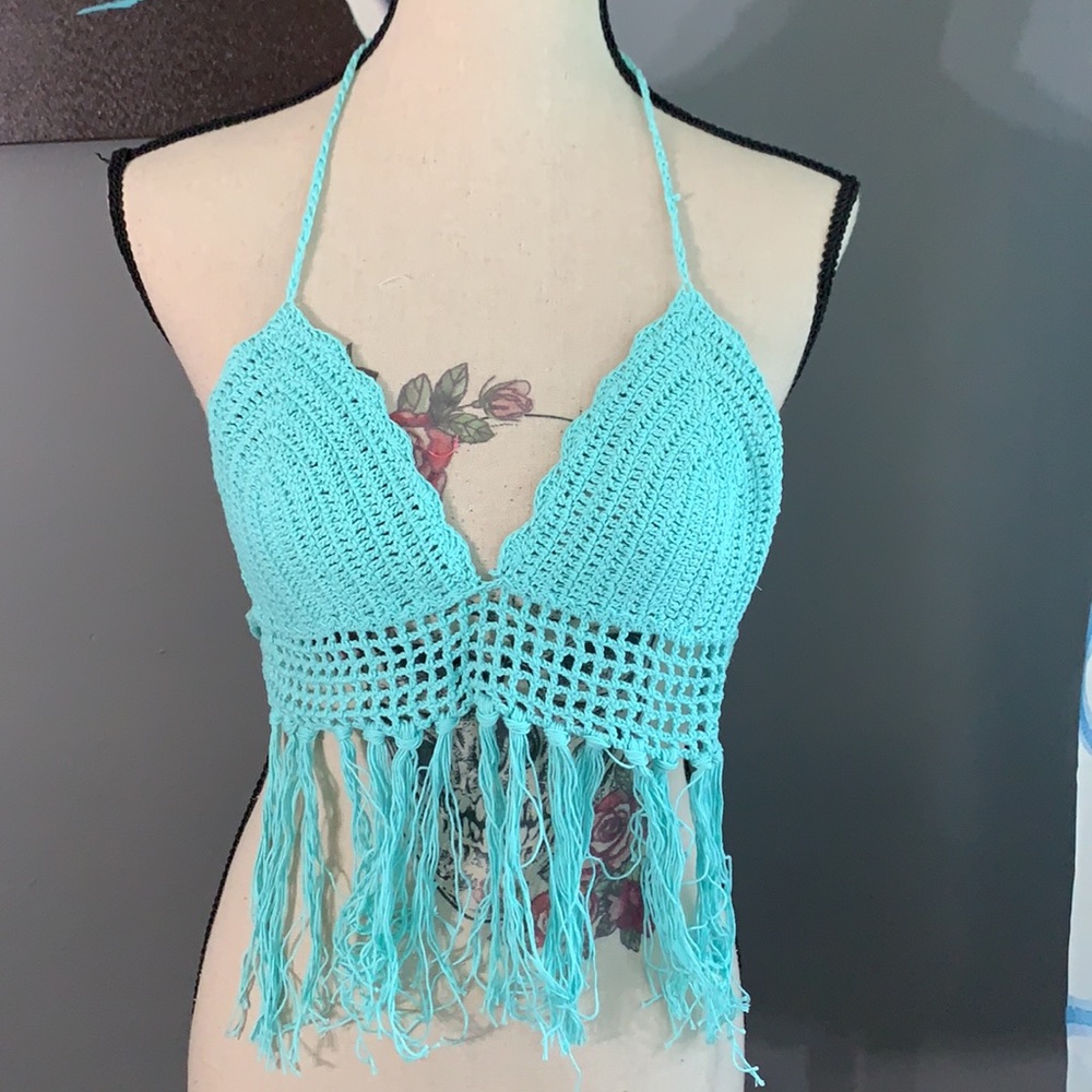 Mint Blue Fringe Hem Crochet Tie Top - Picture 5 of 13